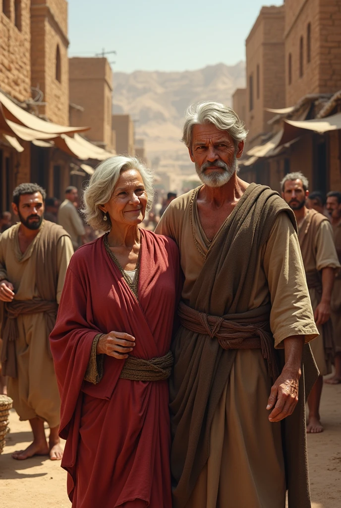 Generate realistic images of 1 elderly woman and an elderly man, and men on the sides. with coarse tunics in the city of Moab that are based on the story of Ruth all the characters must be good looking. All in one image