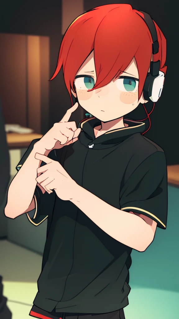 (score_9,score_8_up,score_7_up,score_6_up,score_5_up,score_4_up),1 A man, A boy, anime, Emotional Disconnection: Shows someone taking off a gaming headset with a confused expression, looking around as if they don't recognize their surroundings, dim dark background 