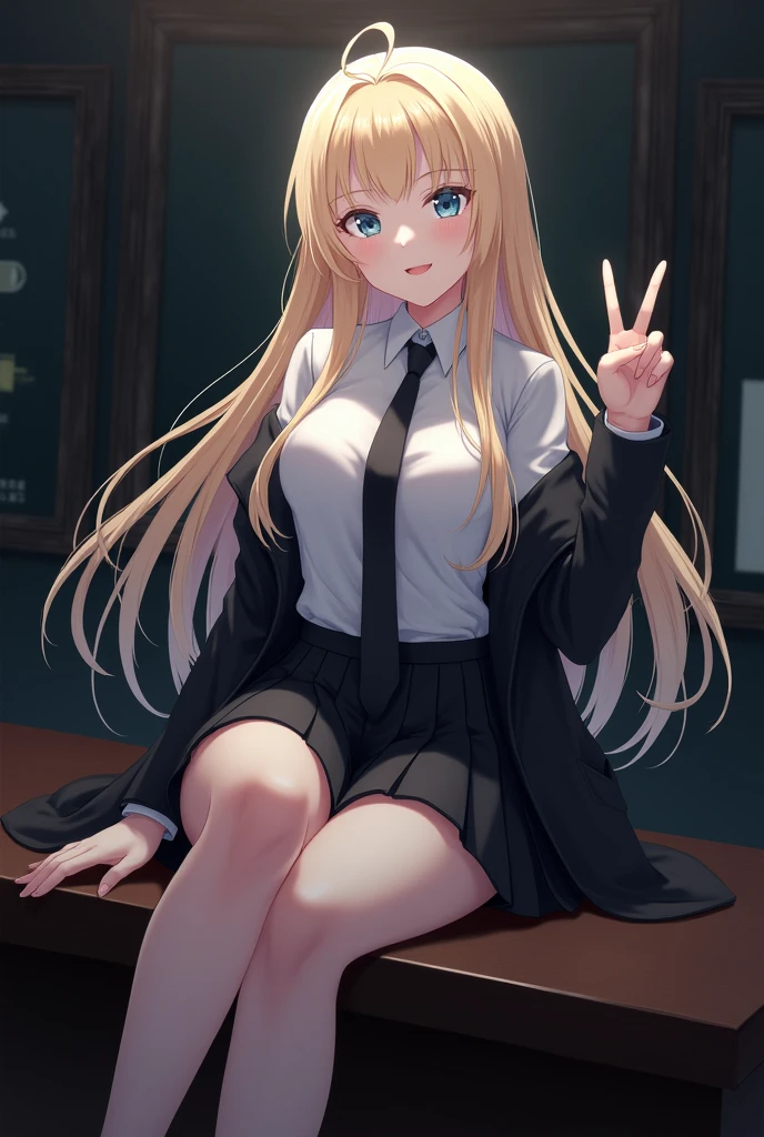 Create the following image: The image shows a young woman with long blonde hair, sky blue eyes and white skin. She is sitting on the edge of a table with her legs crossed., With one hand he makes the peace symbol to pose and has a lustful smile on his face. Wear a white long-sleeved blouse, a black tie, a black jacket and a black pleated skirt. The background is a dark office. anime style
