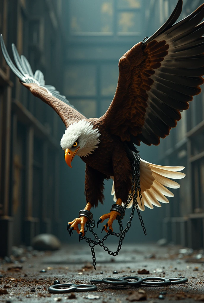 Just the legs of an eagle in the air handcuffed with broken chains in a metal sglue type environment