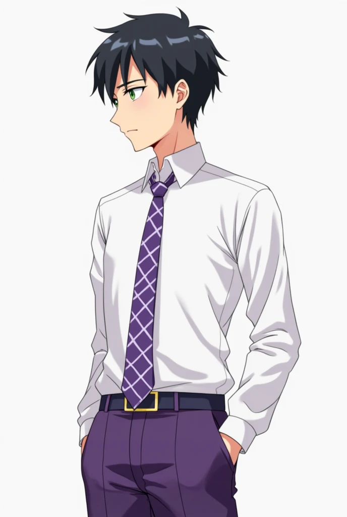 Un lycéen d'anime aux cheveux noirs et très courts, vêtu d'une chemise blanche, d'une cravate violette à carreaux et d'un pantalon violet aussi. Il de taille moyenne, est mince, a les yeux verts. Il se tient droit, il est de profil. Il porte des chaussures de ville noires.