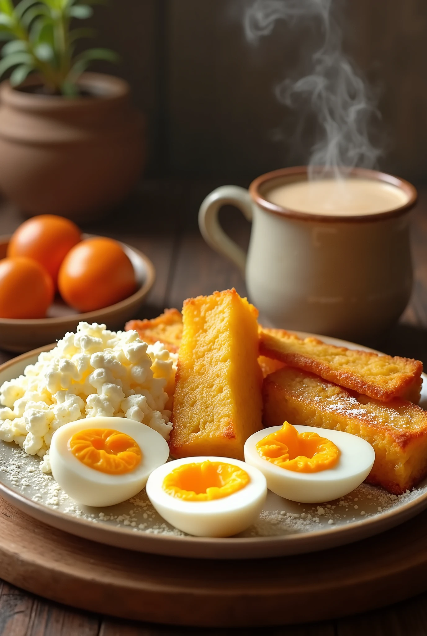 A breakfast containing boiled eggs, fried yuca, cheese and milk tea.
