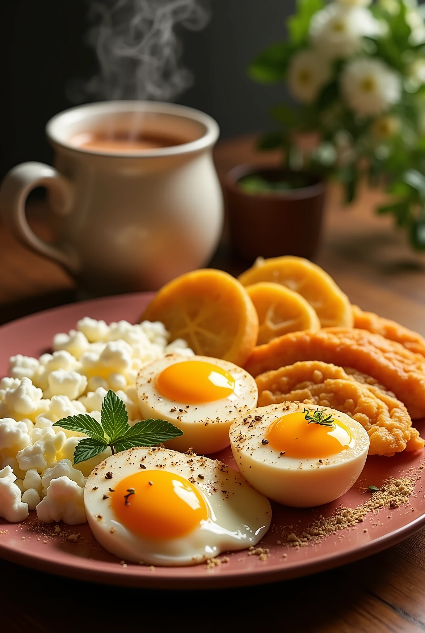 A breakfast containing boiled eggs, fried yuca, cheese and milk tea.