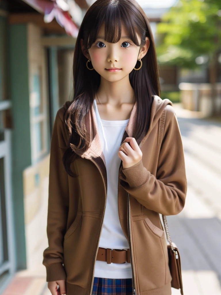 One elementary school student, chest, 大きなchest, , HoodieAdidasLong Hair, Brown Hair, belt、Earrings, necklace