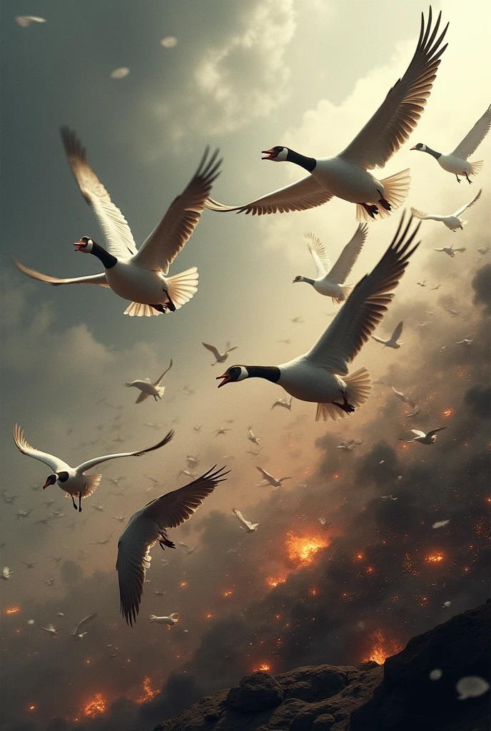 Create an image where many geese fight in a war, There are explosions and it is very epic 