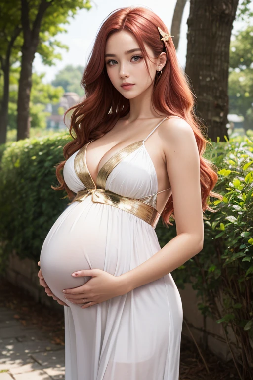 beautiful pregnant woman, (long slightly wavy red hair 1.2), beautiful face, (white summer dress with gold details), pink butterfly hair clip, slim waist,  