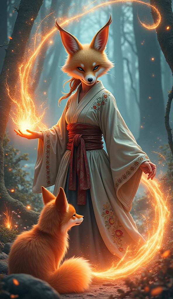 1girl,solo,, official art, unity 8k wallpaper, ultra detailed, beautiful and aesthetic, beautiful, masterpiece, best quality,, Kitsune witch, fox mask, haori jacket, foxfire spell, fox familiar, transformation,
