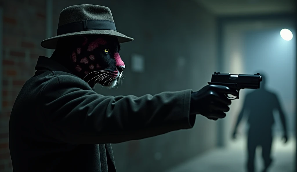 "Create a realistic cinematic-style image of A male character wearing a realistic panther pink face, dressed as a detective, pointing a gun towards a fleeing shadow. The scene should be tense and dramatic, with the panther's expression focused and determined. The setting is dark, with minimal lighting casting long, sharp shadows. The elusive shadow in the distance should be partially obscured, adding to the sense of mystery and danger, while the panther's posture conveys readiness and alertness."
