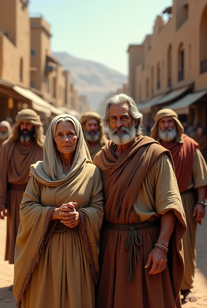 Generate realistic images of 1 elderly woman and an elderly man, and men on the sides. with coarse tunics in the city of Moab that are based on the story of Ruth all the characters must be good looking. All in one image