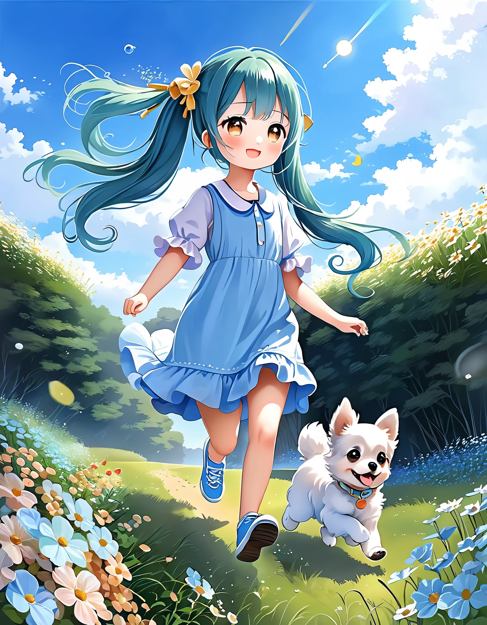 Light blue long hair、Twin tails、Running around the grassland with my cute dog、Memories of summer vacation、Cute digital art, Adorable digital painting, Cute cartoon character, Cute and detailed digital art, Cute cartoon, Cute art style, Cute and adorable, Realistic cute drawings, Nice and cute, Cartoon style cute, Cute Characters, Cute artwork, Digital cartoon painting art, Gweiz-style artwork, With flowers