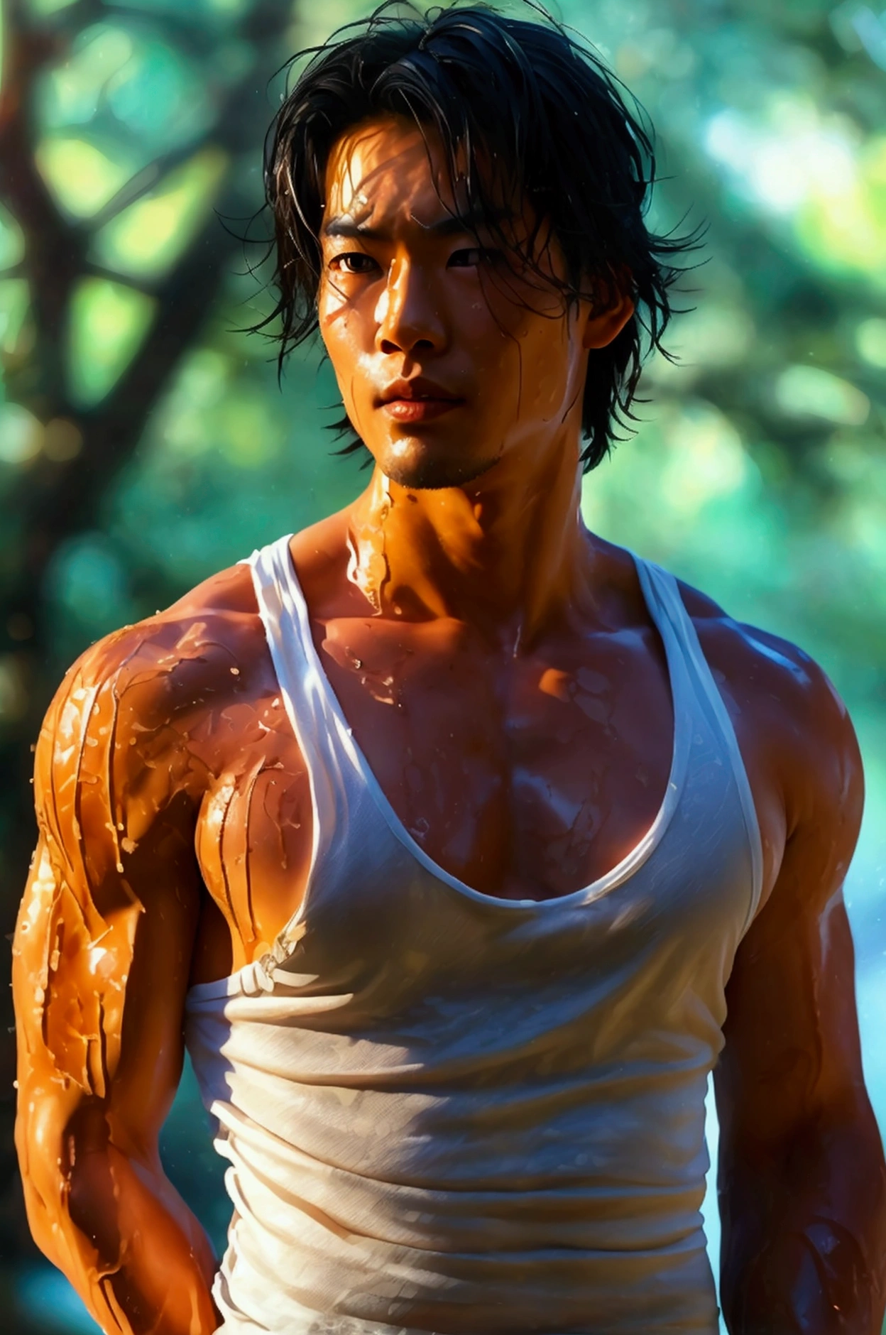 a handsome Asian man, he is wearing a springy white tank top, wet, standing on his back showing his ass, dramatic lighting, hyper-realistic, 8k, high quality, intricate details, cinematic composition, glowing skin, dramatic atmosphere, moody lightingstanding on his back showing his ass with lean legs