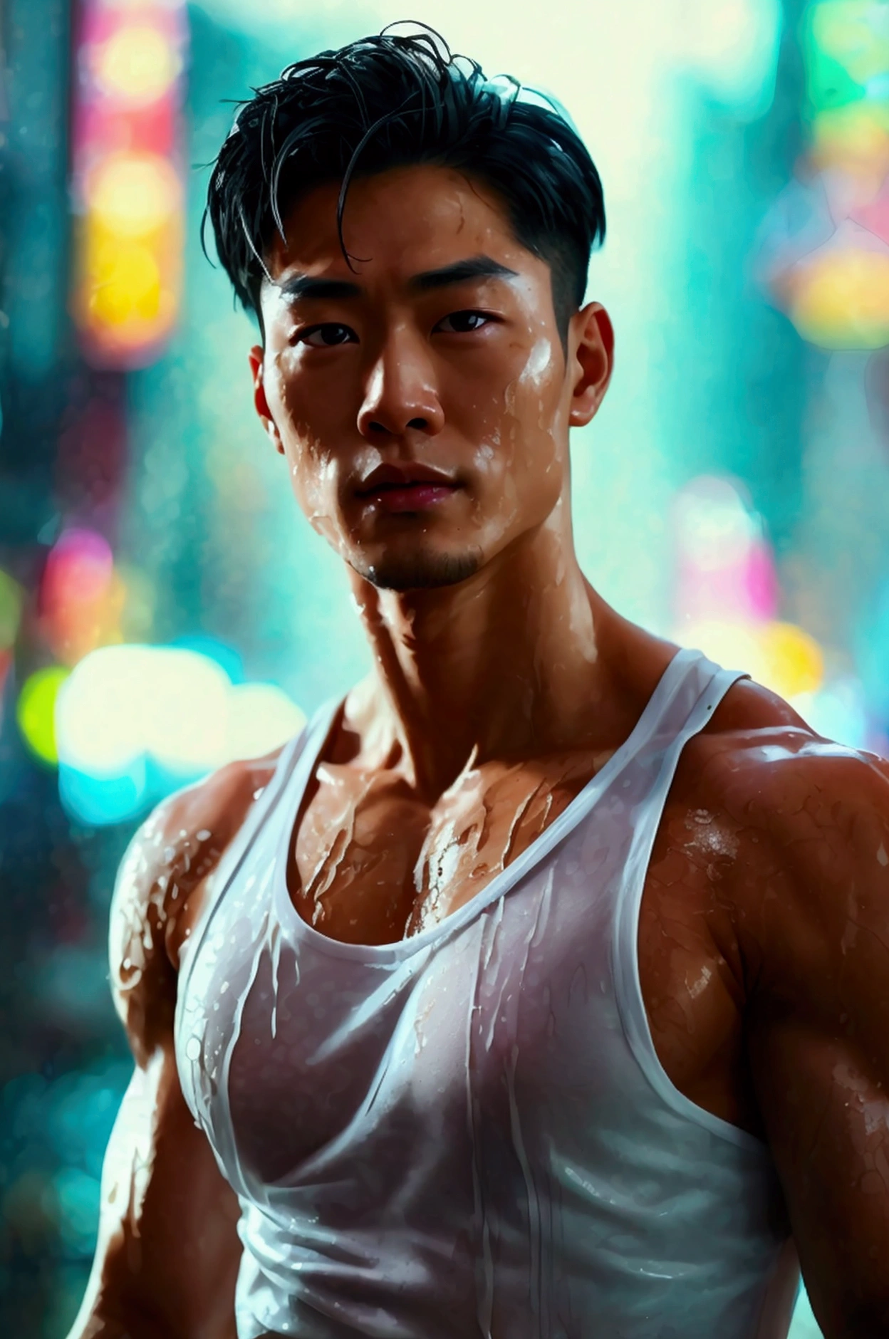 a handsome Asian man, he is wearing a springy white tank top, wet, standing on his back showing his ass, dramatic lighting, hyper-realistic, 8k, high quality, intricate details, cinematic composition, glowing skin, dramatic atmosphere, moody lightingstanding on his back showing his ass with lean legs