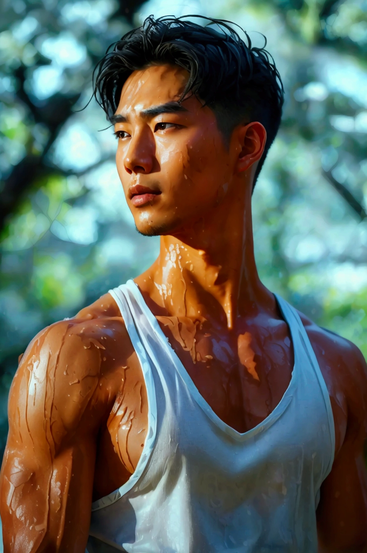 a handsome Asian man, he is wearing a springy white tank top, wet, standing on his back showing his ass, dramatic lighting, hyper-realistic, 8k, high quality, intricate details, cinematic composition, glowing skin, dramatic atmosphere, moody lightingstanding on his back showing his ass with lean legs