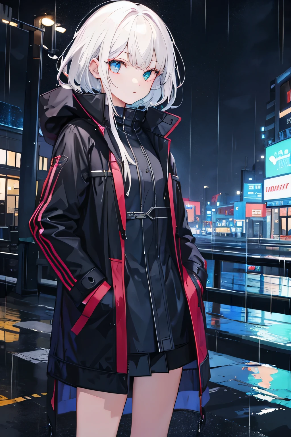 1 girl, night city, rain, coat, hands in pockets