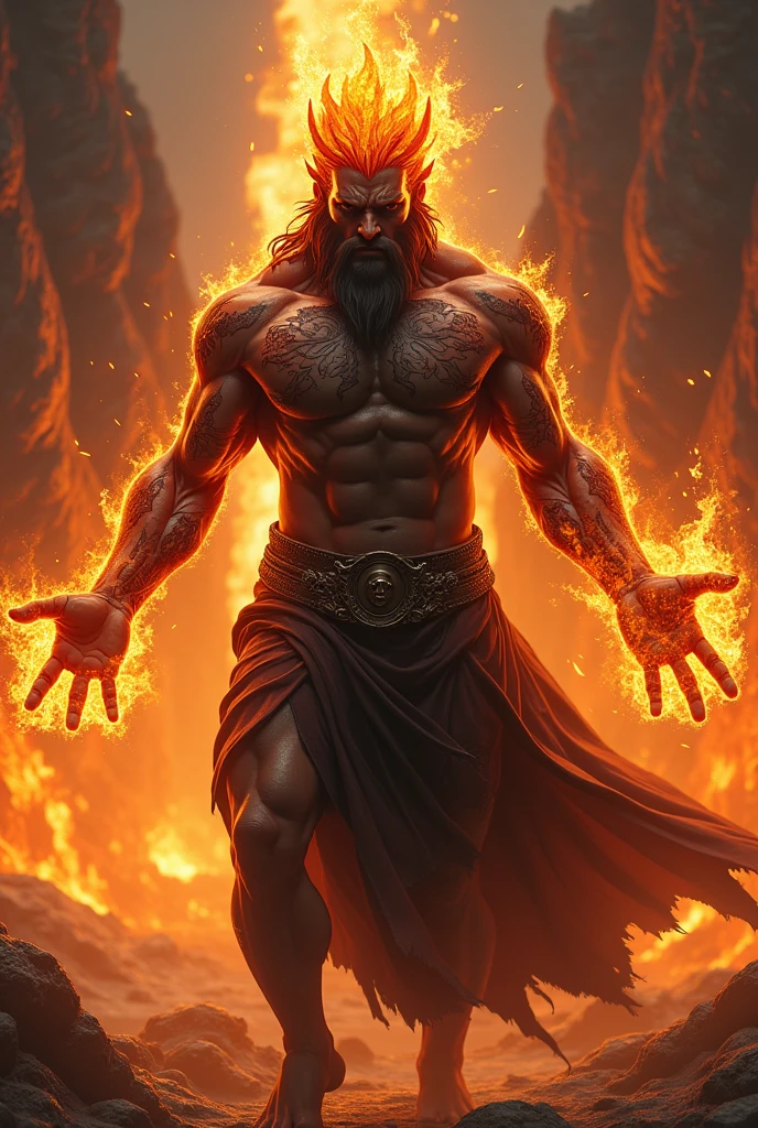 (photorealism:1.2), built up hades, dark fiery skin wearing a crown of fire, gateway of the greek underworld, fire tattoos on torso and arms, hard lighting, lava in background, fires balls of fires from the hands, battling pose, realistic, intricate details, warm colors, everything is on fire, souls floating