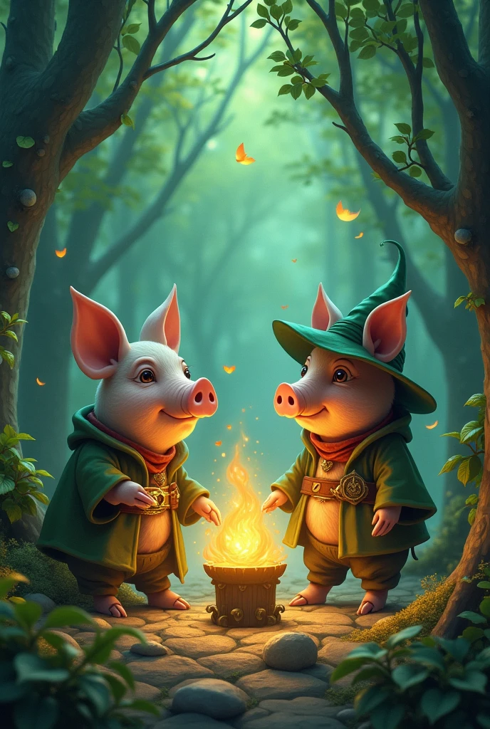 In a fantasy world, there is an enchanted forest where three little pigs act as guardians of a magical treasure, with the power to maintain the balance between good and evil. This treasure is hidden deep in the forest, and the pigs know that many will try to steal it.
The first pig, an enthusiastic young witch, decides to build her fortress out of enchanted leaves. These leaves emit a magical light and instantly connect to each other to form a wall surrounding the treasure. However, the leaves are fragile and can only withstand a simple protective spell.
The second, more experienced pig, chose to build his fort using magical wood harvested from the oldest trees in the forest. This wood is very durable and has healing properties, but despite this, it is not strong enough to withstand powerful attacks.