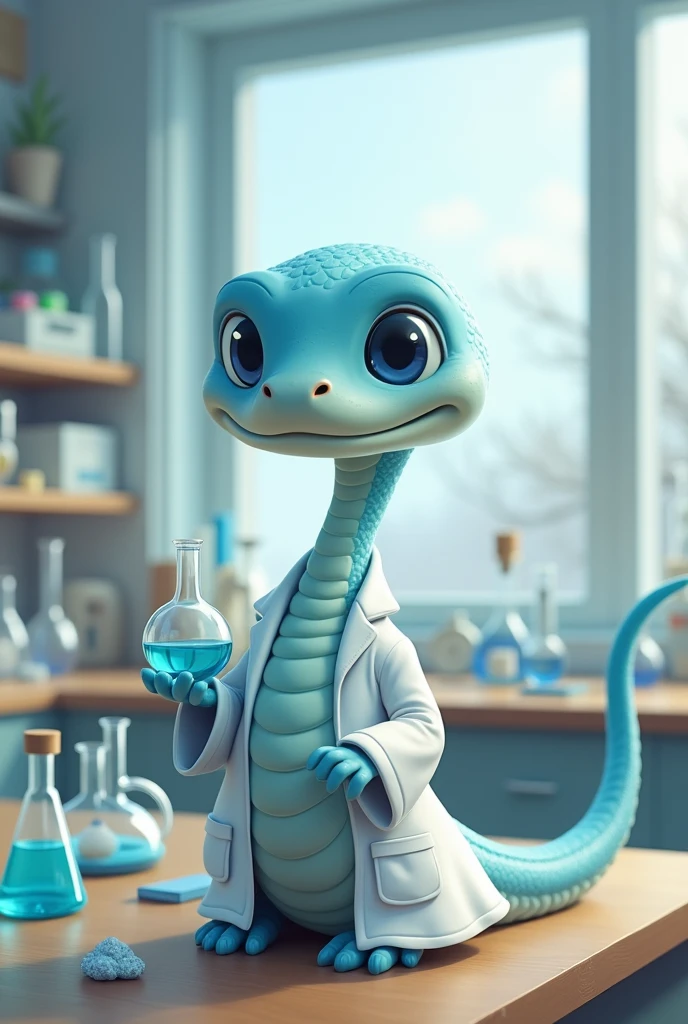 Makes a tender snake, Easy to remember, caricature type, that it be pretty and light blue, He has to be a pharmaceutical chemist with his scientific lab coat and flasks
