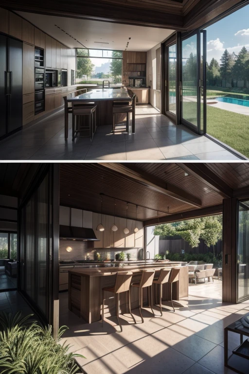 high quality, photorealistic, 3d render, hd, 8k, ultra-detailed, hyper realistic, cinematic lighting, seamless texture, elegant single-story house, 150 square meters, open floor plan, gourmet outdoor kitchen area with barbecue, lush landscaping, large windows, modern architecture, clean lines, natural materials, warm color palette, beautiful scenery
