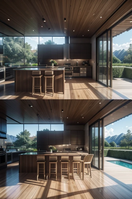 high quality, photorealistic, 3d render, hd, 8k, ultra-detailed, hyper realistic, cinematic lighting, seamless texture, elegant single-story house, 150 square meters, open floor plan, gourmet outdoor kitchen area with barbecue, lush landscaping, large windows, modern architecture, clean lines, natural materials, warm color palette, beautiful scenery