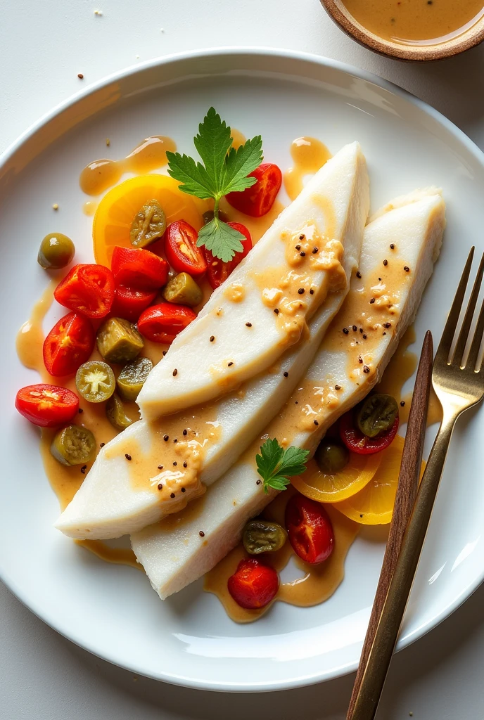 Slices of sea bass with peanut dressing, seen from above and with red pepper salad, yellow and pickle