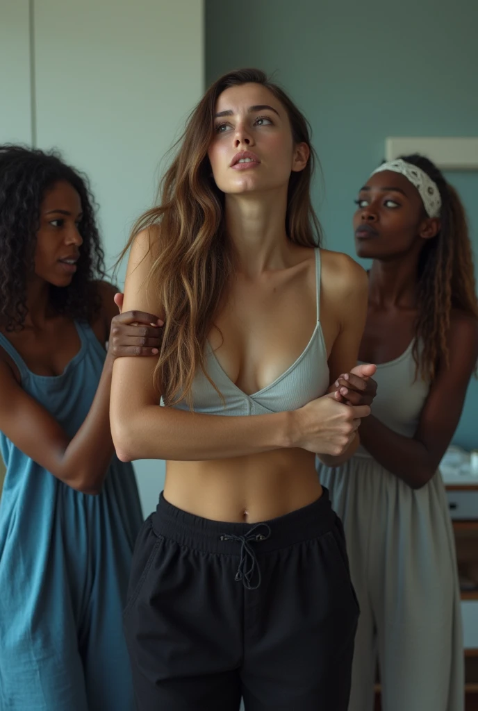 Create a photo of a 30 year old young woman, with a slender and beautiful body, with bare breasts and wearing black sweatpants, with white and clear skin, with long light brown hair, scared as she is being brutally assaulted and pushed to the ground by two angry black teenage girls, ugly, thin, small, dark black skinned, who wears glasses and a blue dress.