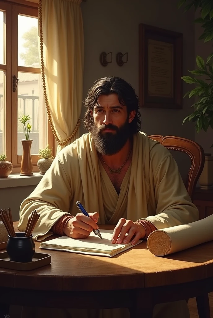 Biblical character Joseph at 30 years old working from home