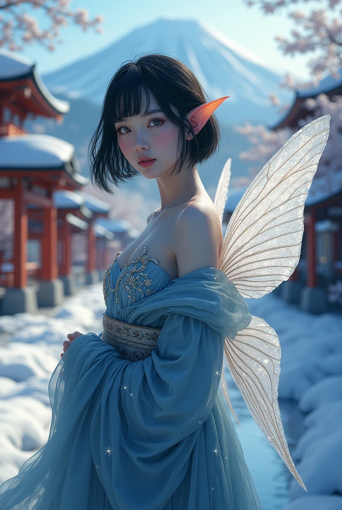 ((masterpiece )), (Top quality), (best quality), ((Extremely detailed, 8K picture quality)), aesthetics, Movie Lighting, (Detailed line art),
rest,
absurd, Elf female, Movement ratio, completion, ((Hands behind back)), Dynamic Angle, Looking at the audience, ((Fairy Wings)), (Gothic Kimono), Pantyhose, Sleeves over wrists, high-heel boots, rest, Japanese Architecture, mt. Fuji, ((Torii)), Winter Creek, (Surrounded by ice crystals), (Ice Cherry Garden), hexagon, 3D Effect, Yoshitaka Amano,
rest,
Very detailed (Elf), (1 Girl), Perfect face, Eye for detail, Bob hair cut, blue eyes, eyelash, Eyeshadow, pink Eyeshadow, A faint smile, Artgerm's Art of Design, By Kavasi, Yoshitaka Amano,
rest,
((Perfect anatomical structure)), Good shape, Medium breasts, Extremely delicate fingers, best hands, Perfect face, Pretty Face, beautiful eyes, Perfect eyes, Perfect fingers, Correct anatomy,