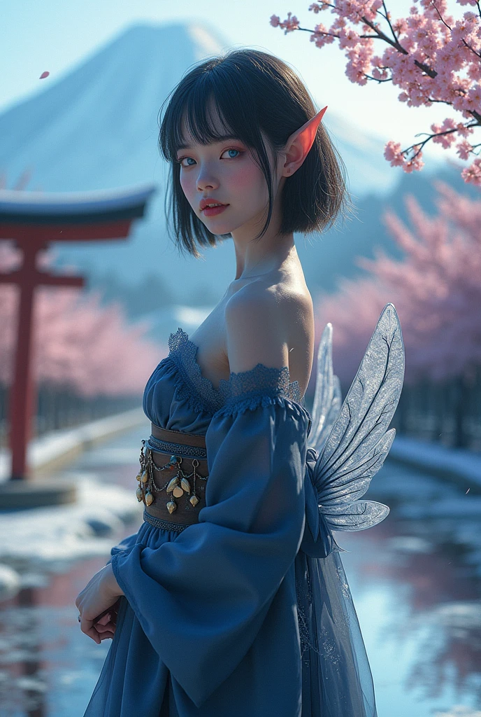 ((masterpiece )), (Top quality), (best quality), ((Extremely detailed, 8K picture quality)), aesthetics, Movie Lighting, (Detailed line art),
rest,
absurd, Elf female, Movement ratio, completion, ((Hands behind back)), Dynamic Angle, Looking at the audience, ((Fairy Wings)), (Gothic Kimono), Pantyhose, Sleeves over wrists, high-heel boots, rest, Japanese Architecture, mt. Fuji, ((Torii)), Winter Creek, (Surrounded by ice crystals), (Ice Cherry Garden), hexagon, 3D Effect, Yoshitaka Amano,
rest,
Very detailed (Elf), (1 Girl), Perfect face, Eye for detail, Bob hair cut, blue eyes, eyelash, Eyeshadow, pink Eyeshadow, A faint smile, Artgerm's Art of Design, By Kavasi, Yoshitaka Amano,
rest,
((Perfect anatomical structure)), Good shape, Medium breasts, Extremely delicate fingers, best hands, Perfect face, Pretty Face, beautiful eyes, Perfect eyes, Perfect fingers, Correct anatomy,