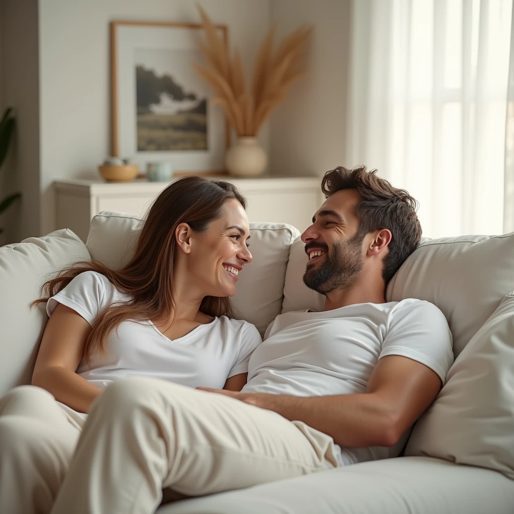 happy marriage, man and woman are 30 years old, woman with long brown hair, in living room, interior decoration with pastel colors, large room, both resting on white sofa,
covered breasts, white t-shirt, laughing, natural lighting, soft texture, hyper realistic, 4k, highly detailed, cinematic lighting, warm color tones, photorealistic, masterpiece, intricate details, elegant, beautiful, charming, soft color palette, pastel colors, nordic decoration, wide image of living room