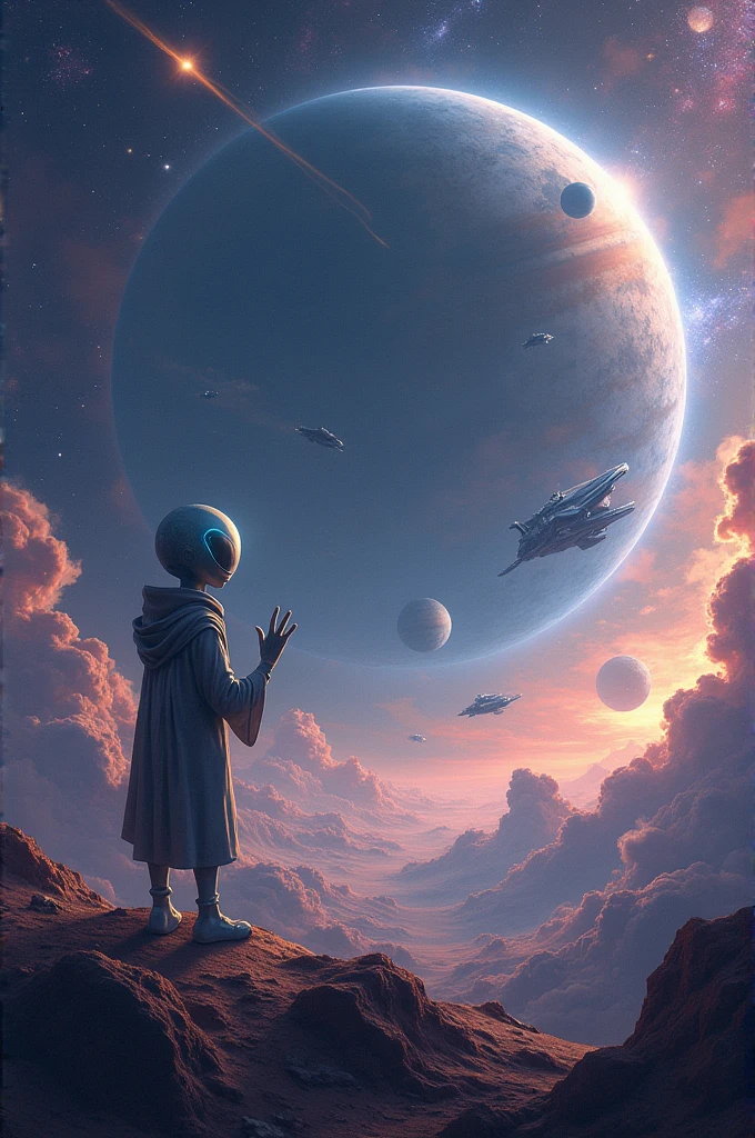 Universe with planets, comets, ships crossing with alien waving