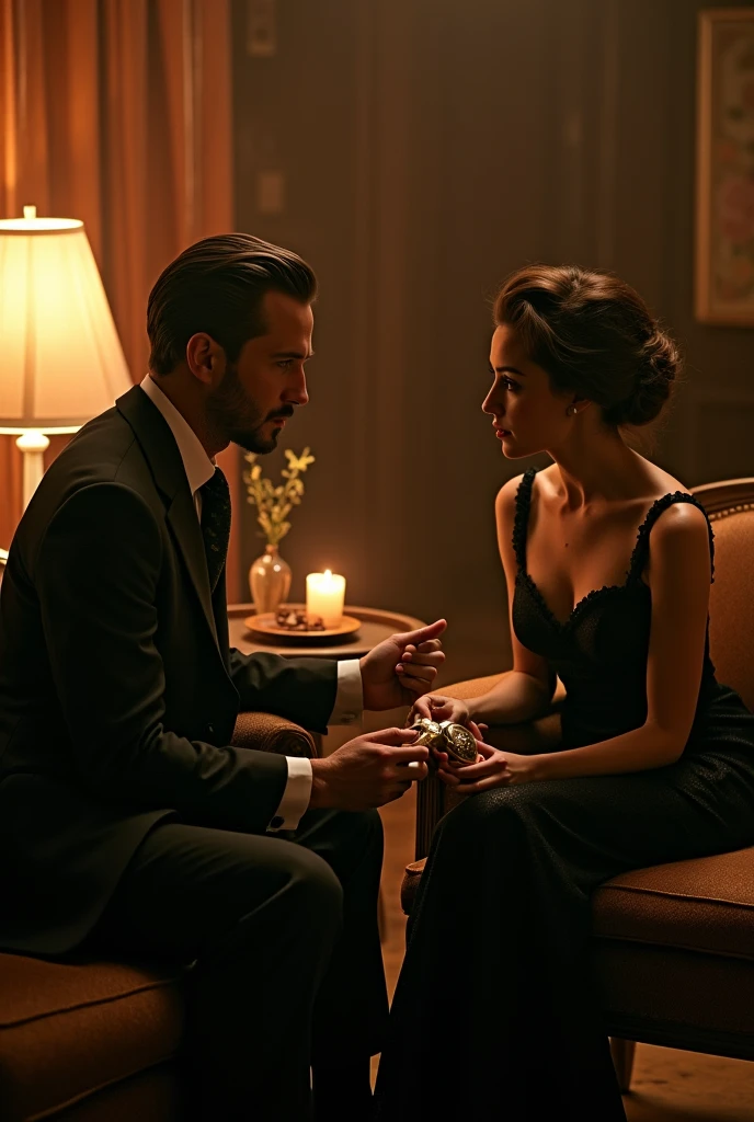 Rian Gosling and Ana de Armas are in the time of 1900 at night.
Rian Gosling holding a silver watch in his hands and Ana de Armas talking while sitting on two armchairs inside the house and a table between them 2