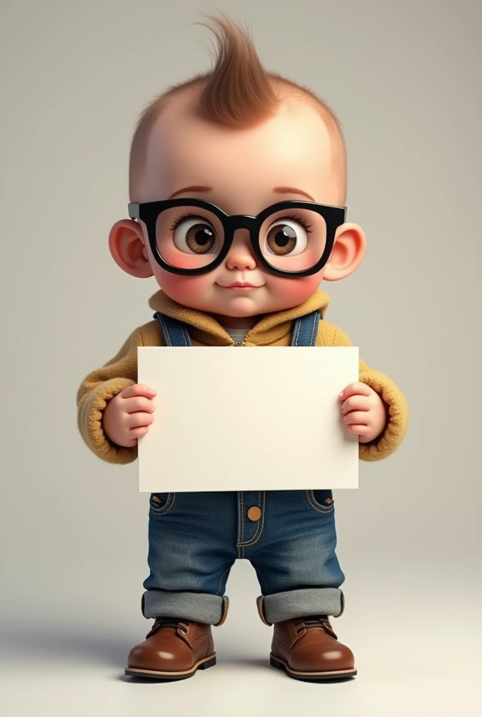 a one year old baby standing wearing boots, jeans and glasses holding a sign to his chest
