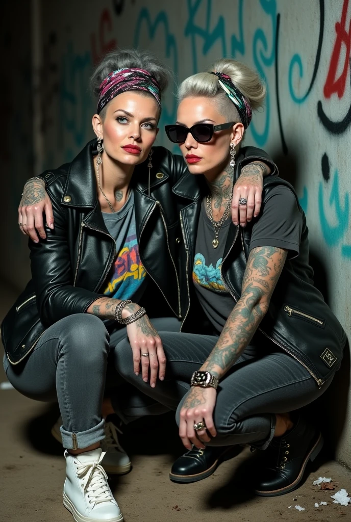 Two russian milf women, one with the arm over the shoulder of the other (who feels a bit dizzy). grey hair (one: bouffant, top bun. The other, straight and middle part}and one wearing oversized square sunglasses and wide colourful bandana as headband), with very light green eyes, extremely pale. Big lips. No tan. Wearing aged black moto jacket (zippers on the side, skull and bones pins). Both: different old worn grey t-shirt with rock band logo. Both:, dark grey worn jeans {with holes on knees). White tennis sneakers. . Lots of thick wide studded bracelets, chain collars and big rings. Both, high boots. Tacky wide studded leather belt with big skull and bones oval buckle. Long earrings with chains and feathers. Squatting with hands on knees or lap, stretching her neck, craving., Neck, chest, stomach and wrists heavily tattoed. Toned abdominals, thin neck, slim legs and thin arms. Narrow hips and slim legs. Black leather studded tote bags. Graffitied wall behind, waste on the groun and piled garbage bags around. At night
