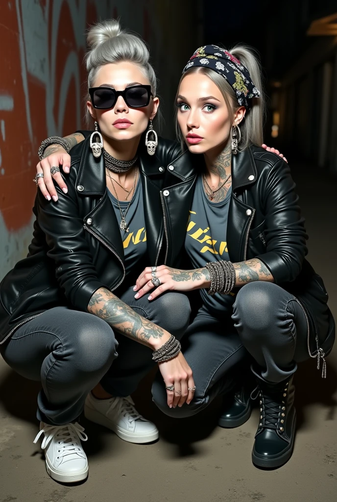 Two russian milf women, one with the arm over the shoulder of the other (who feels a bit dizzy). grey hair (one: bouffant, top bun. The other, straight and middle part}and one wearing oversized square sunglasses and wide colourful bandana as headband), with very light green eyes, extremely pale. Big lips. No tan. Wearing aged black moto jacket (zippers on the side, skull and bones pins). Both: different old worn grey t-shirt with rock band logo. Both:, dark grey worn jeans {with holes on knees). White tennis sneakers. . Lots of thick wide studded bracelets, chain collars and big rings. Both, high boots. Tacky wide studded leather belt with big skull and bones oval buckle. Long earrings with chains and feathers. Squatting with hands on knees or lap, stretching her neck, craving., Neck, chest, stomach and wrists heavily tattoed. Toned abdominals, thin neck, slim legs and thin arms. Narrow hips and slim legs. Black leather studded tote bags. Graffitied wall behind, waste on the groun and piled garbage bags around. At night