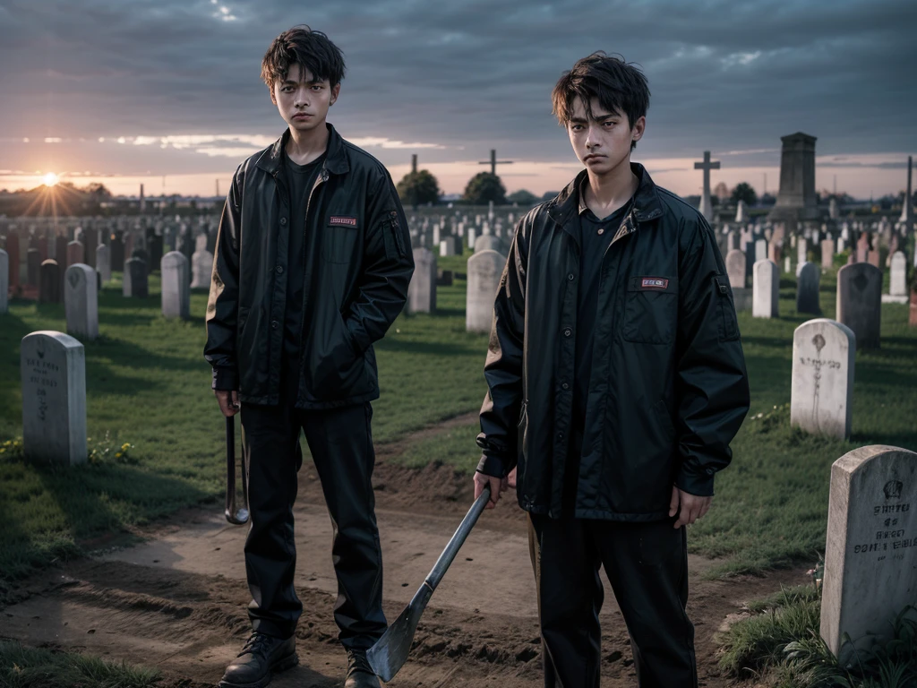 A young gravedigger with a tired and worried expression, wearing simple work clothes. He must be holding a shovel, looking at the cemetery ground with an expression of uneasiness.