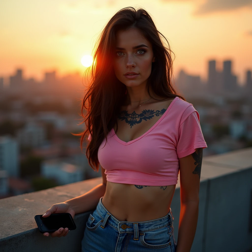 (masterpiece), (extremely intricate:1.3), (realistic), female woman, ((([flat chest:medium breasts:0.4], cutoff pink t-shirt, (underboob), denim jeans, blue eyes), [dark hair:brunette hair:0.3]), freckles:0.8, abdominal muscles, tattoo:1.2), metal reflections, upper body, outdoors, rooftop, intense sunlight, far away city skyline, sunrise, professional photograph of a stunning woman detailed, sharp focus, dramatic, award winning, cinematic lighting, volumetrics dtx, (film grain, blurry background, blurry foreground, bokeh, depth of field, interaction), 8K, holding phone, adriana lima, middle of the day