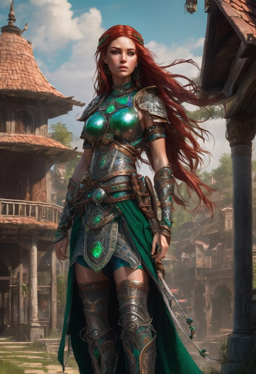 4K realistic quality, digital drawing mode, dark fantasy-themed beautiful female armored warrior, freckles, long flowing red hair with braids, emerald green eyes, wearing very revealing ornate armor adorned with intricate designs, chains and a choker, full body view, standing by an old well with a small ramshackle village behind her, radiant skin, alluring and wise expression, full body, dynamic pose, life size, perfect anatomy, detailed skin texture, full HD, 4K, HDR, perfect anatomy, depth of field