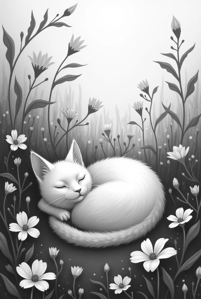 I want an image of a cat lying in flowers in an impressionist style and in black and white, I want very light brushstrokes and not too marked