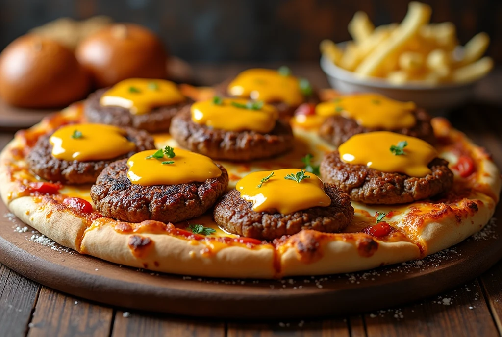 A delicious pizza with tender burgers, french fries, and cheddar cheese, (best quality,4k,8k,highres,masterpiece:1.2),ultra-detailed,(realistic,photorealistic,photo-realistic:1.37),food photography,mouthwatering,sumptuous,scrumptious,tempting,appetizing,tantalizing,delectable,drool-worthy,savory,juicy,melty,crispy,golden-brown,gooey,cheesy,comfort food,fast food,street food,rustic,homemade,artisanal,premium ingredients,professional culinary photography,natural lighting,dynamic composition,vivid colors,mouth-watering,irresistible