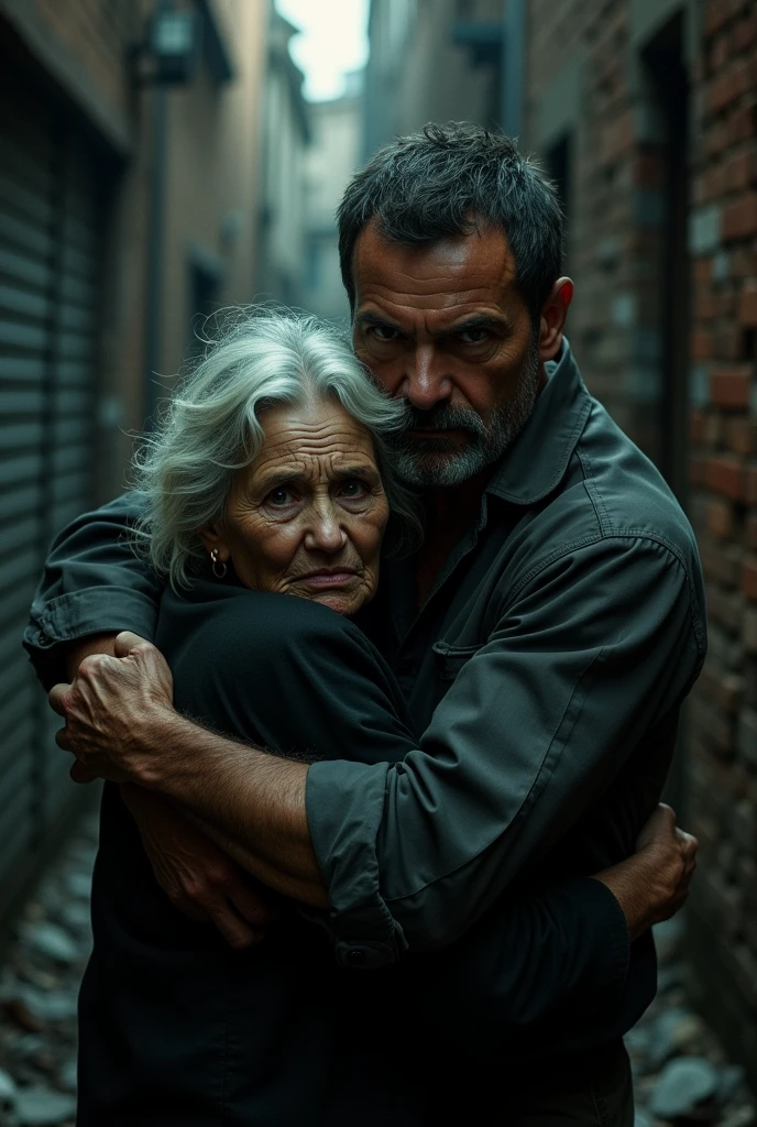 An older woman and a man hide from danger