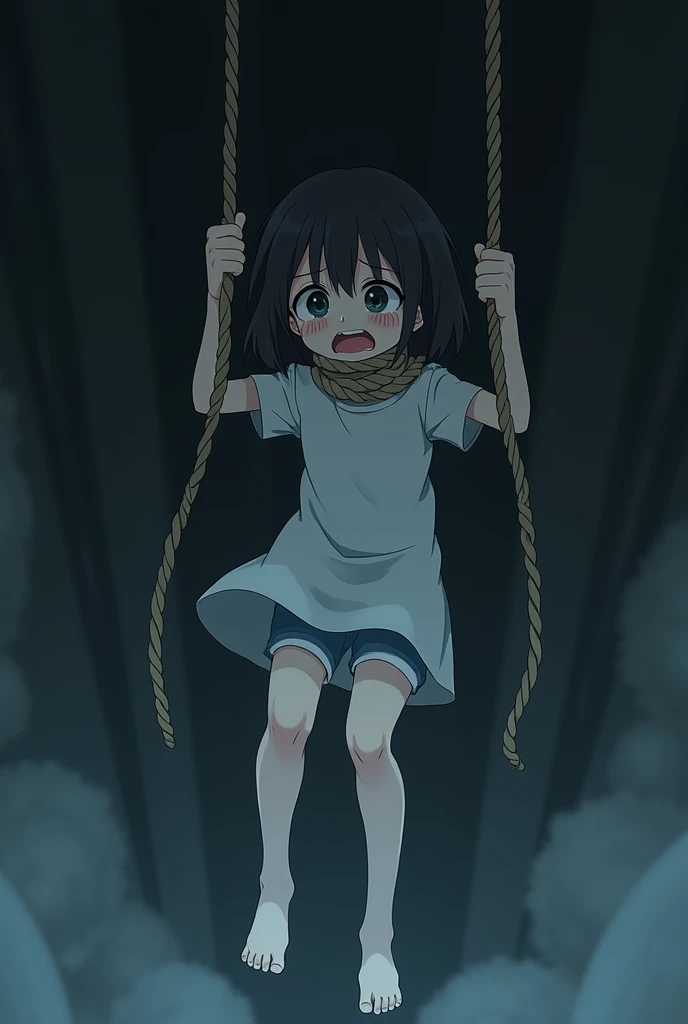 a Japanese girl, anime style being hanged by a rope, stuck in your throat and struggling to breathe, the rope tightens her throat and leaves her above the ground, making your feet swing