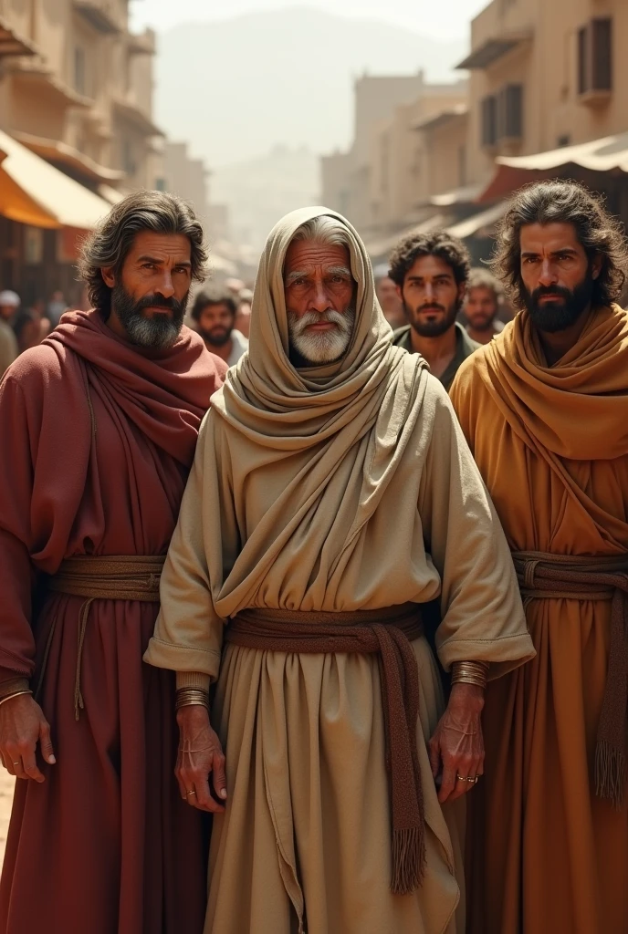 Generate realistic images of 1 elderly woman and an elderly man, and young men next to each old man. with coarse tunics in the city of Moab that are based on the story of Ruth all the characters must be good looking. All in one image 
