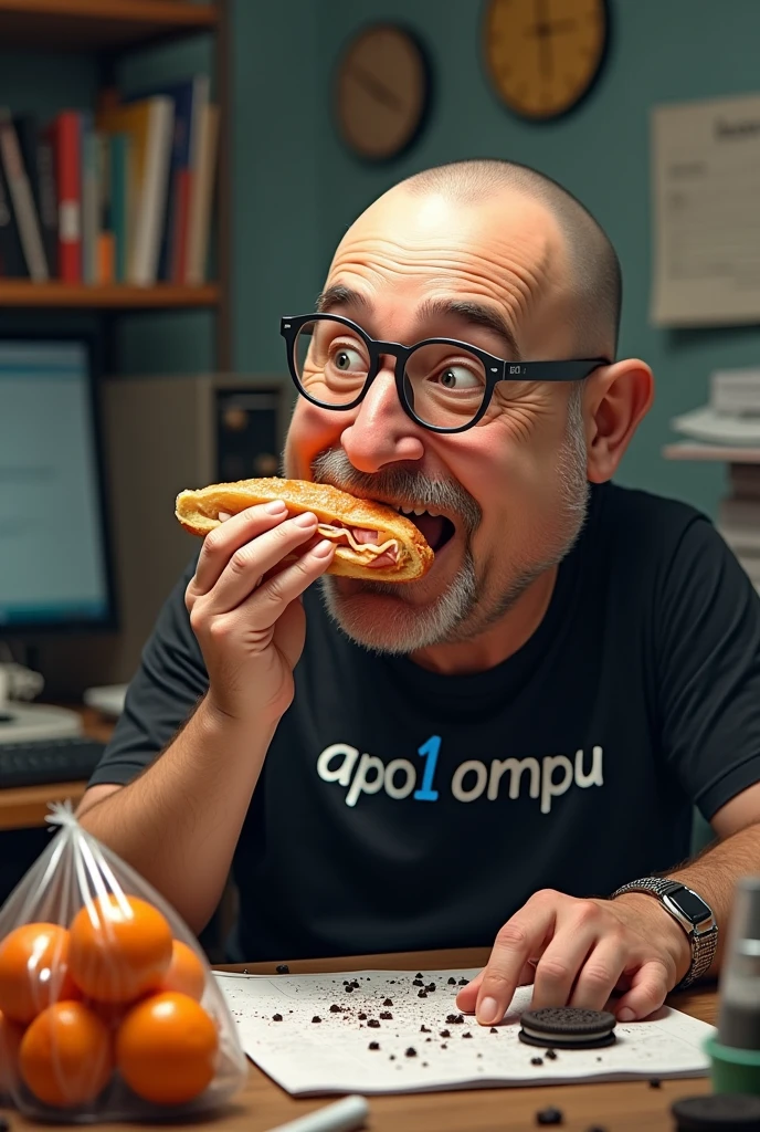 white male, 40 year old, baldie, completely smooth face, no fur, cheeky, Scrawny, but very pot-bellied, wearing glasses and eating baguette with lots of ham. Sitting behind a rather messy desk with a computer, stacks of papers, Oreo crumbs and cookies. Wearing a black shirt with the following phrase: APO1O MPU. a bag with tangerines on the table.