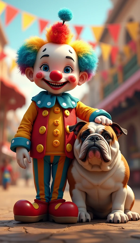 Create a realistic image of a dwarf dressed as a clown, accompanied by a bulldog.

The dwarf should be about 1.40 meters tall, with a stocky build and a friendly appearance. His face should display a penetrating and challenging gaze, along with a mocking smile that highlights his playful and bold character. He wears a colorful clown suit with a jacket in bright colors like red, yellow, and blue, adorned with large buttons and polka dot details. The suit is paired with striped pants and large, colorful shoes. Complete the look with a curly, colorful wig and a large red clown nose.

The bulldog should be beside the dwarf, with its characteristic robust body and large head. Its fur should be realistic, in colors like white with brown or brindle patches, and its expression should be friendly yet complement the clown's challenging attitude. The bulldog can be sitting or standing, showing its loyalty and closeness to the clown.

The scene should be set in a festive environment, such as a park or fair, with colorful decorations and a cheerful atmosphere that complements the clown's and the bulldog's appearance.