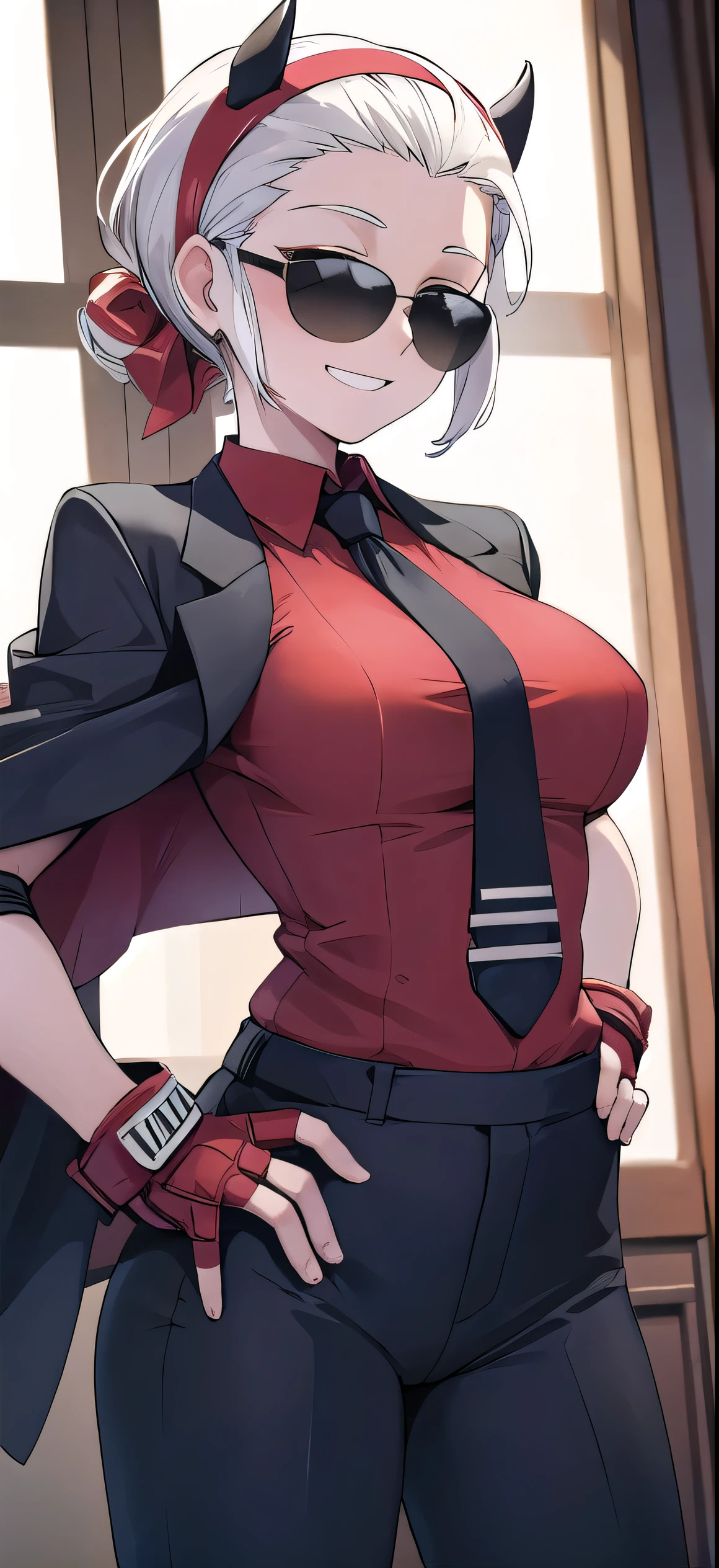 masterpiece,best quality,1girl,mature female,justice,horns,demon girl,demon horns,black horns,short hair,blunt bangs,hairband,hair slicked back,(sunglasses),shirt,red shirt,gloves,red gloves,fingerless gloves,jacket,black jacket,necktie,black necktie,pants,large breasts,grin,confident,hands on hips,indoors,dutch angle,