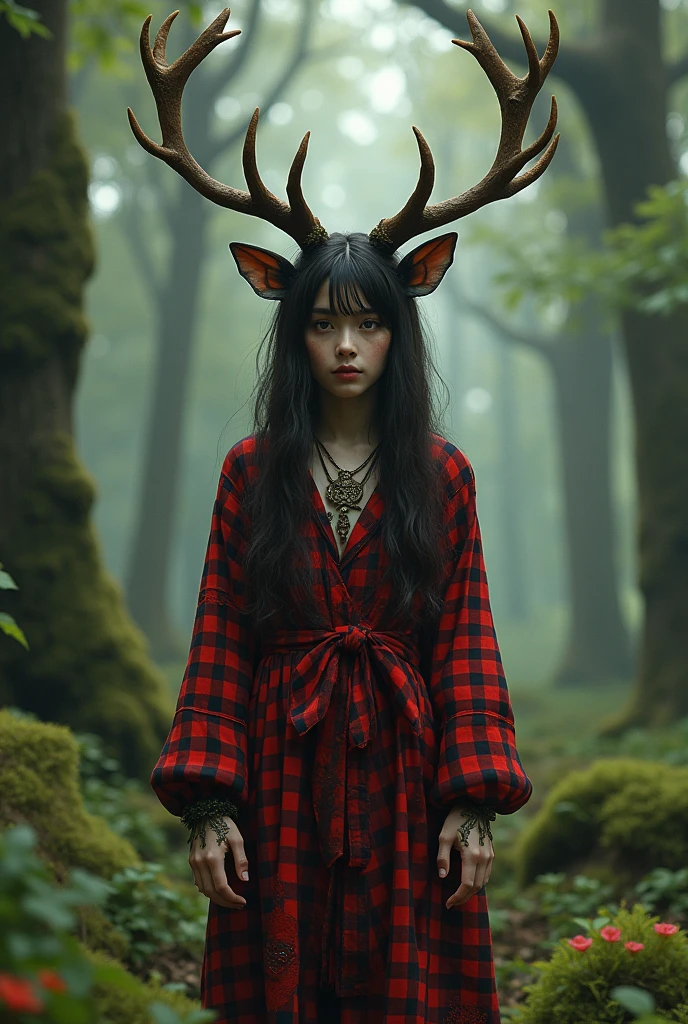 with deer antlers and dark brown hair and red checkered clothes