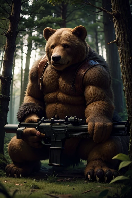 Tension in the dark、A thrilling scene, Dense forest, A determined hunter stands firm, Aiming a rifle at a ferocious bear, Giant Bear. Beside him, The faithful hound crouches low, Roaring、He's about to pounce. The hunter's eyes are locked on the bear, Stand on hind legs, Burning with anger, Its sheer size dominates the scene. An atmosphere of danger, Other than the sounds we face、The forest is silent, Shadows and moonlight cast an eerie light on the collision.
