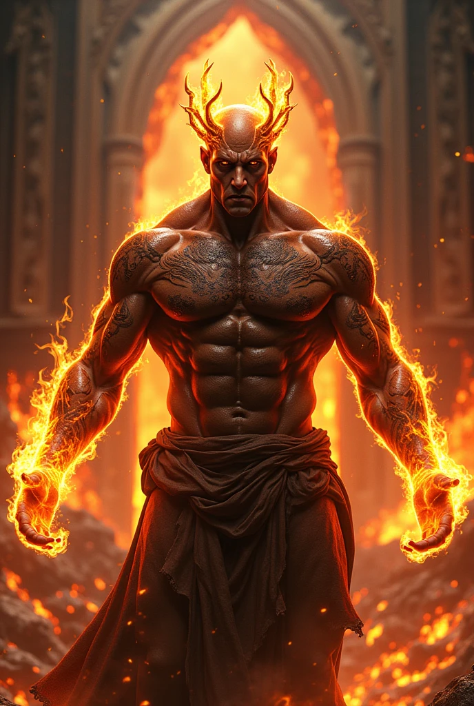 (photorealism:1.2), built up hades, dark fiery skin wearing a crown of fire, gateway of the greek underworld, fire tattoos on torso and arms, hard lighting, lava in background, fires balls of fires from the hands, battling pose, realistic, intricate details, warm colors, everything is on fire, souls floating