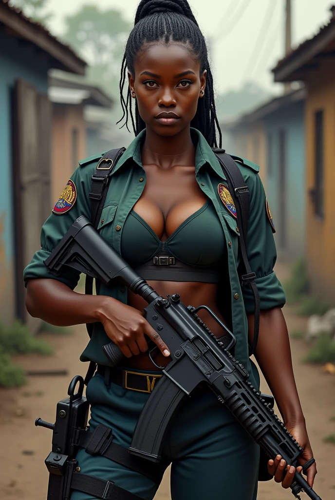 Ghanaian Police woman With fully open shirt, bra With AK 47 