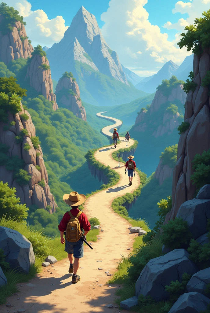 Draw a winding path or road through a diverse landscape with different terrains like mountains, forests, and rivers.
Add explorers on the path, each carrying a map and compass, symbolizing their unique learning journey.
Include various landmarks along the path, representing different learning milestones and challenges.
Use symbols like books, tools, and question marks to signify learning resources and questions faced along the way.